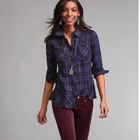 Cabi Moody Plaid Peplum Hem Women’s Button Front Blouse Shirt Top Style 3431 XS - Picture 1 of 11